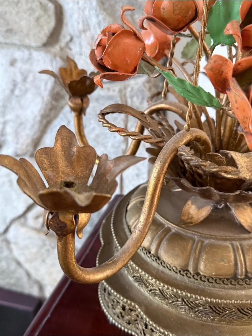 Vintage Italian Hollywood Regency Gold Gilt Rose Chandelier Candle Holder Lamp